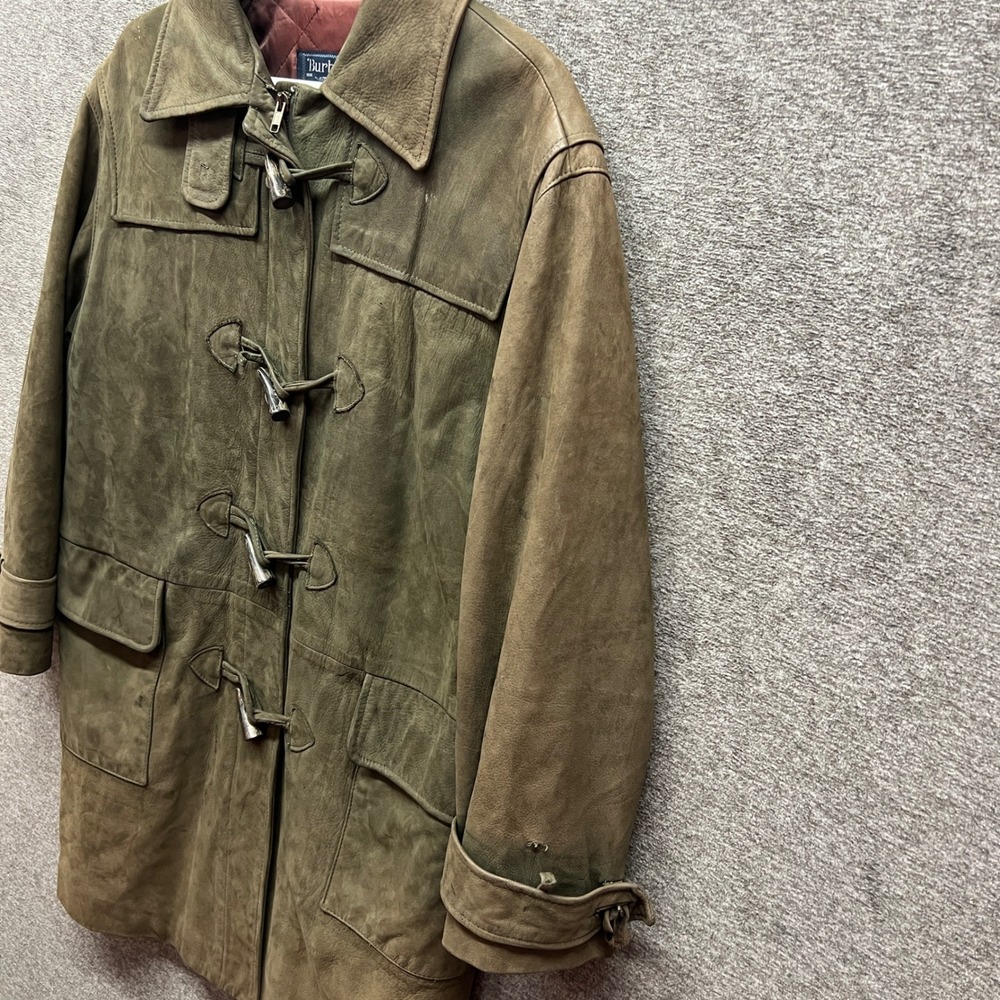 Vintage Burberry Suede Leather Duffle Toggle Coat Olive Green Jacket Womens - Picture 2 of 16